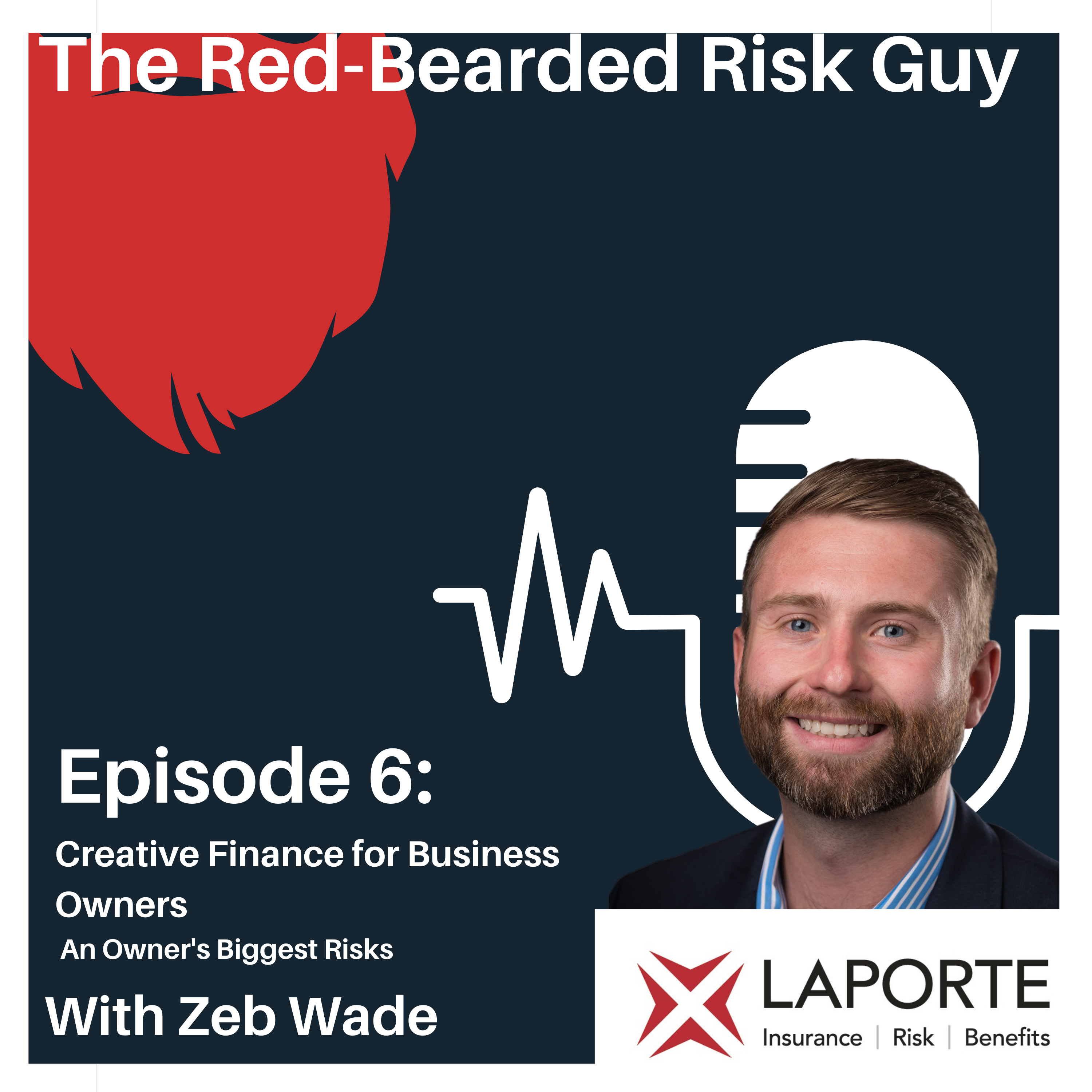 Cover Art for podcast episode from buzzsprout and spotify The Red-bearded Risk Guy Podcast headshot of Zeb in front of microphone icon. blue background. Partial Red Beard in background. Text on image: Episode 6: Creative Finance for Business Owners: An Owner's Biggest Risks w/ Zeb Wade